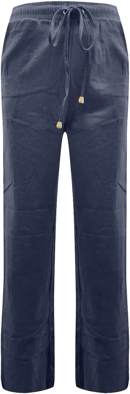 Womens Casual Linen High Waist Pants Drawstring Loose Fit 2025 Summer Beach Pants Trousers