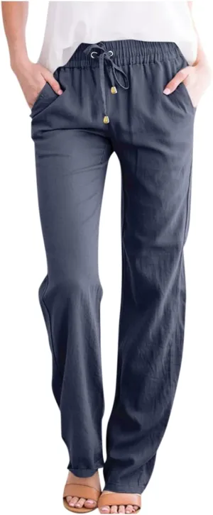 Womens Casual Linen High Waist Pants Drawstring Loose Fit 2025 Summer Beach Pants Trousers