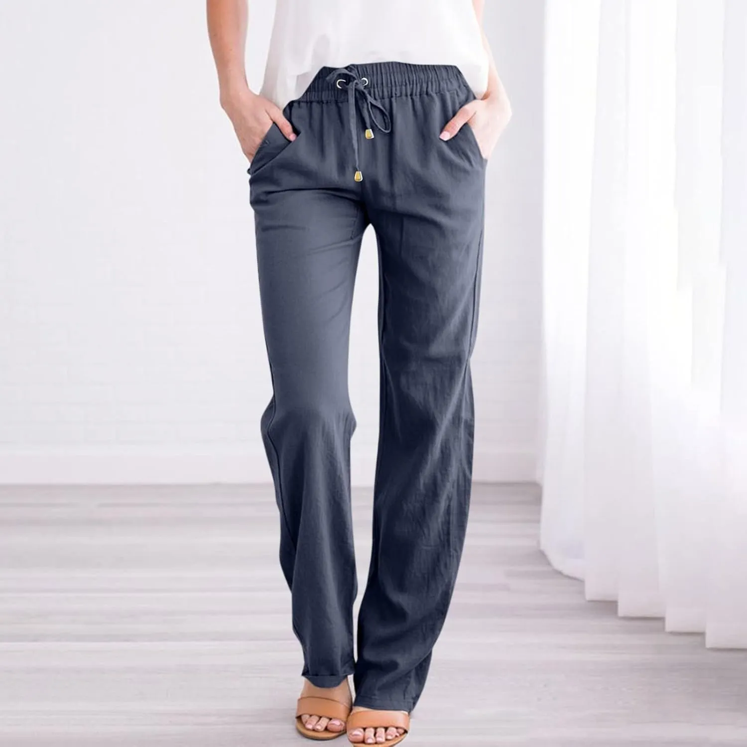 Womens Casual Linen High Waist Pants Drawstring Loose Fit 2025 Summer Beach Pants Trousers