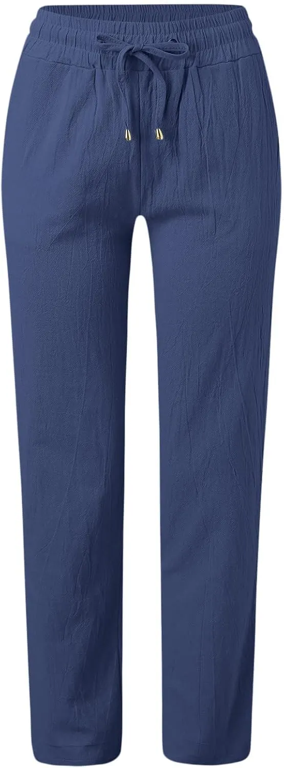Womens Casual Linen High Waist Pants Straight Leg Drawstring Long Trouser Summer Loose Fit Pants with Pockets