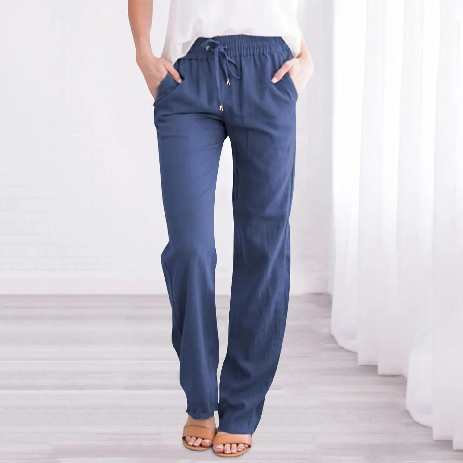 Womens Casual Linen High Waist Pants Straight Leg Drawstring Long Trouser Summer Loose Fit Pants with Pockets