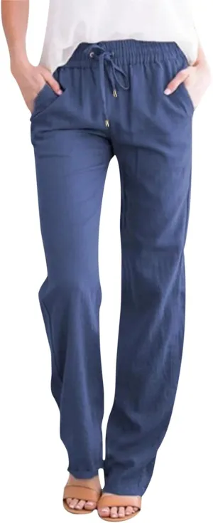 Womens Casual Linen High Waist Pants Straight Leg Drawstring Long Trouser Summer Loose Fit Pants with Pockets