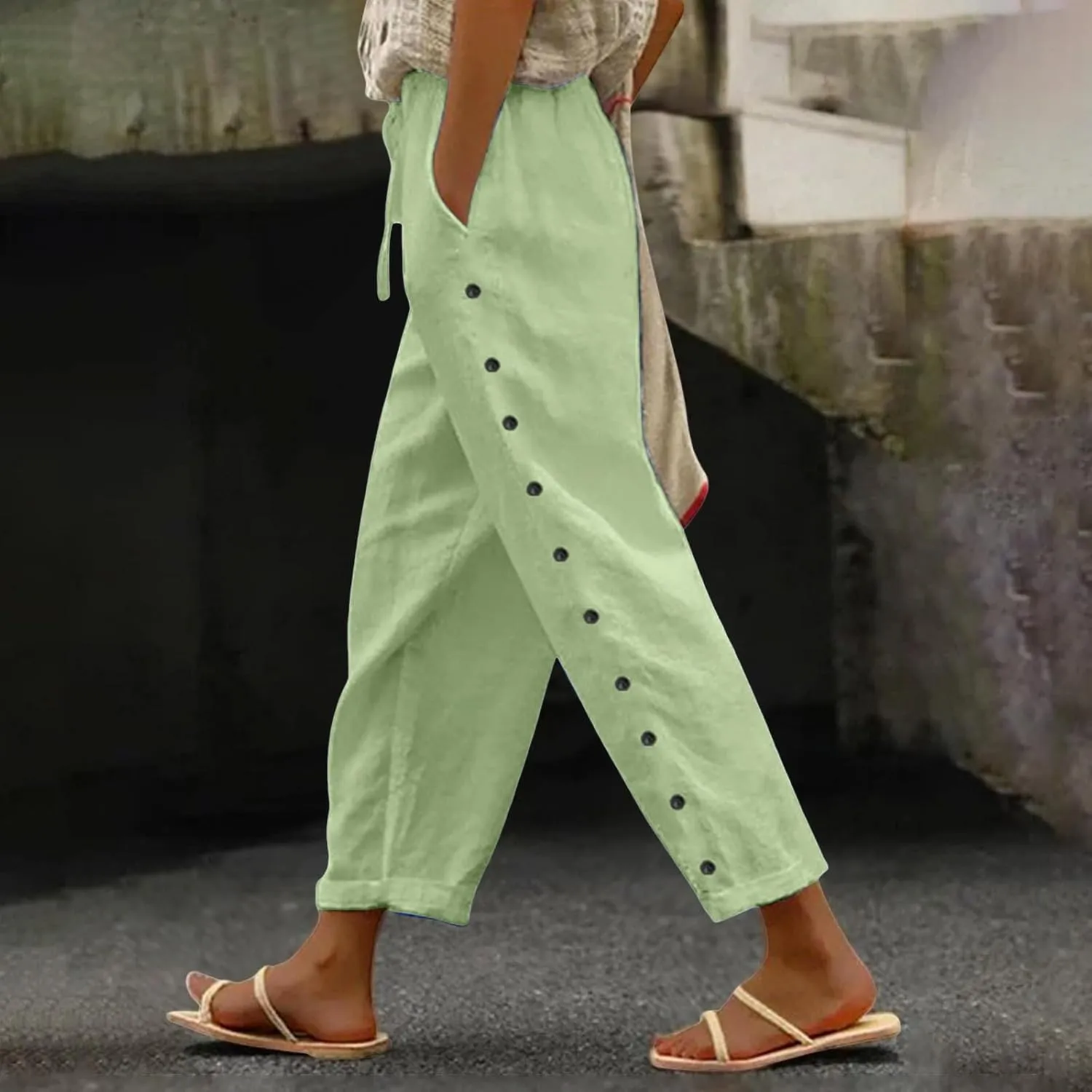 Womens Casual Pants Side Button Summer Trendy Linen Pant Drawstring Elastic Waist Straight Leg Baggy Cropped Trousers
