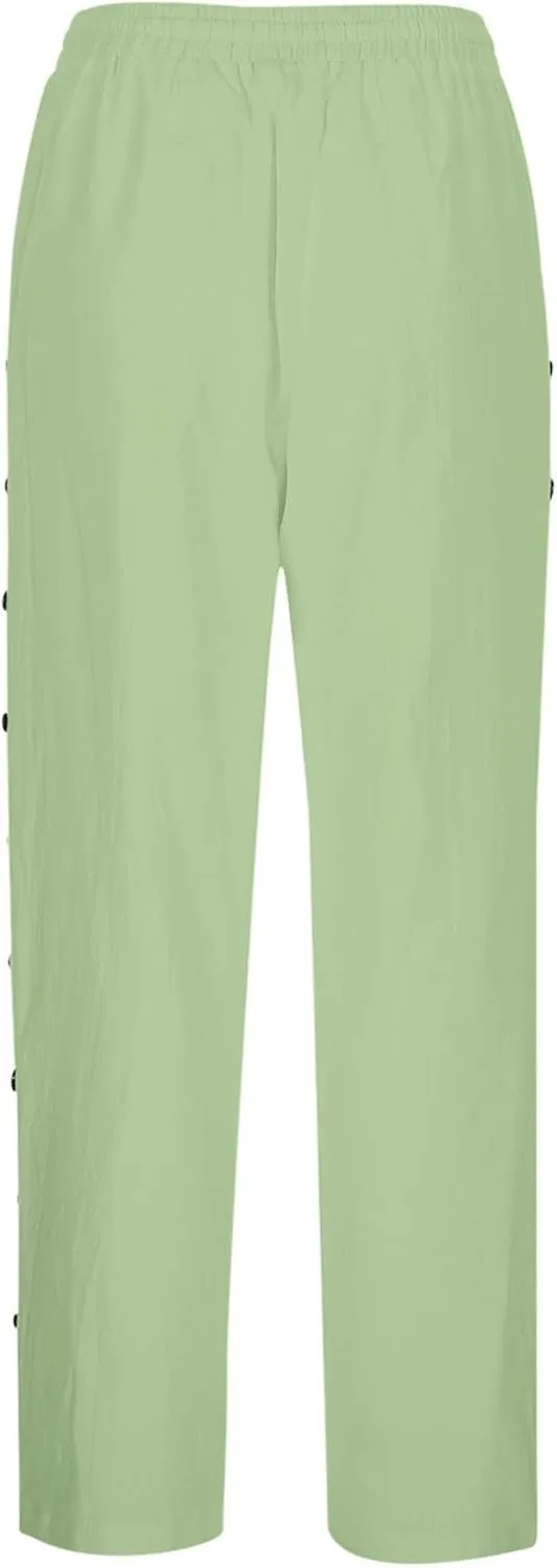 Womens Casual Pants Side Button Summer Trendy Linen Pant Drawstring Elastic Waist Straight Leg Baggy Cropped Trousers
