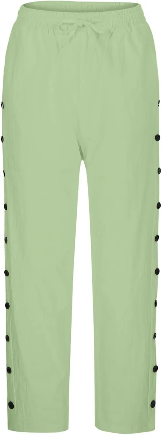 Womens Casual Pants Side Button Summer Trendy Linen Pant Drawstring Elastic Waist Straight Leg Baggy Cropped Trousers