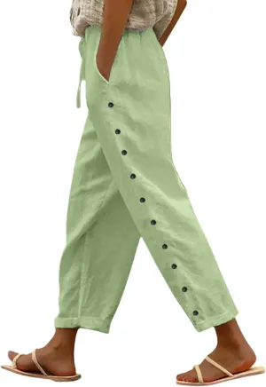 Womens Casual Pants Side Button Summer Trendy Linen Pant Drawstring Elastic Waist Straight Leg Baggy Cropped Trousers