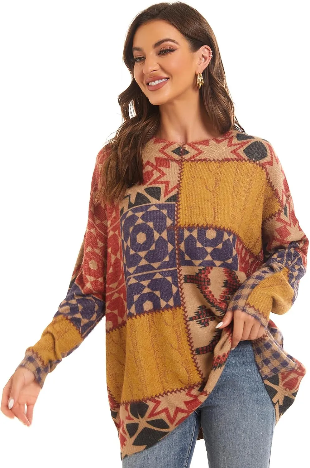 Womens Christmas Sweater Graphic Oversized Pullover Sweaters Casual Loose Long Sleeve Knit Sweater for Women