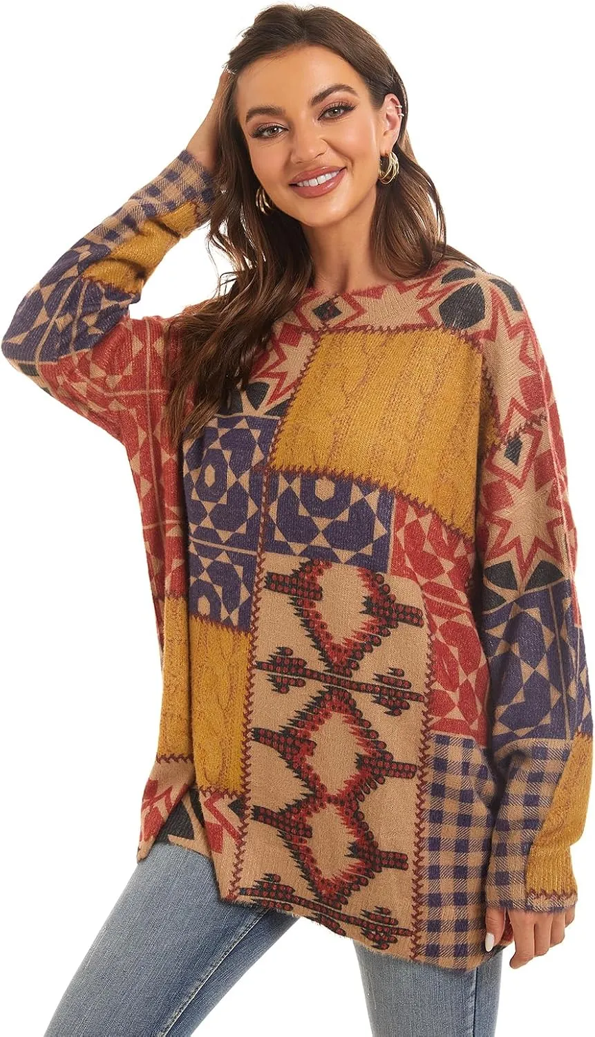 Womens Christmas Sweater Graphic Oversized Pullover Sweaters Casual Loose Long Sleeve Knit Sweater for Women