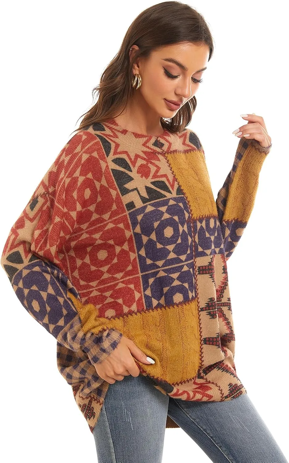 Womens Christmas Sweater Graphic Oversized Pullover Sweaters Casual Loose Long Sleeve Knit Sweater for Women
