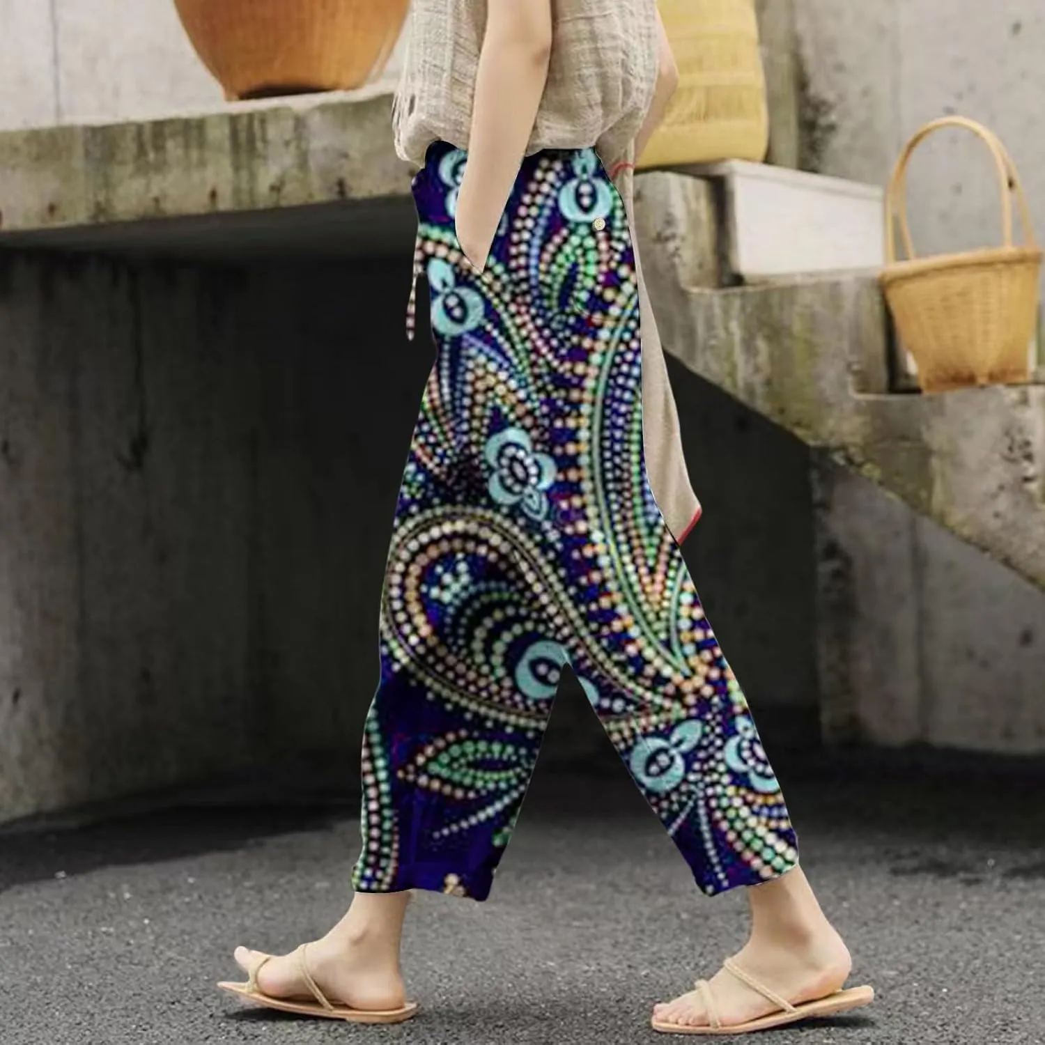 Women's Clothing Summer Casual Drawstring Pants Flowy Wide Leg Beach Trousers with Pockets Fleece Lined Leggings