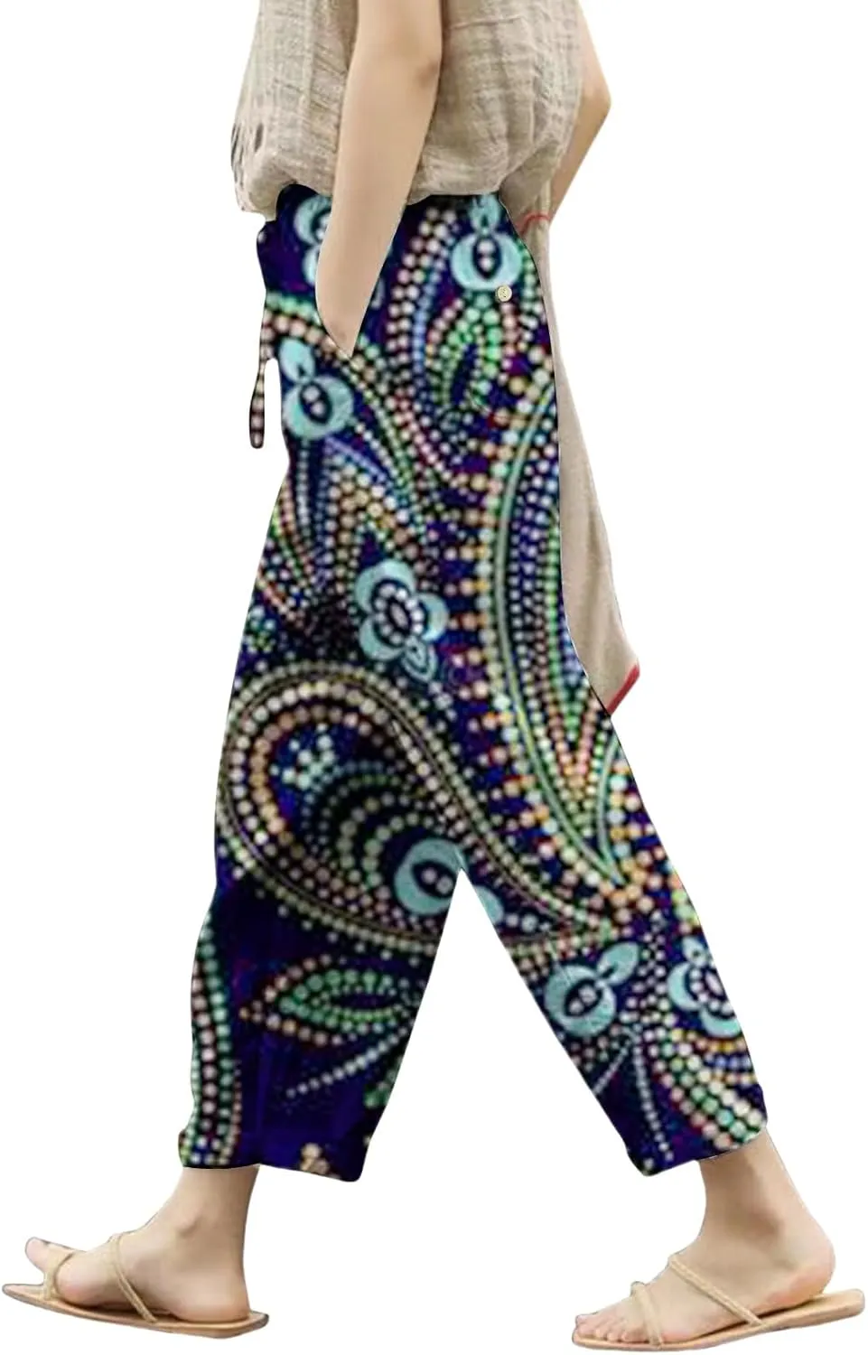 Women's Clothing Summer Casual Drawstring Pants Flowy Wide Leg Beach Trousers with Pockets Fleece Lined Leggings