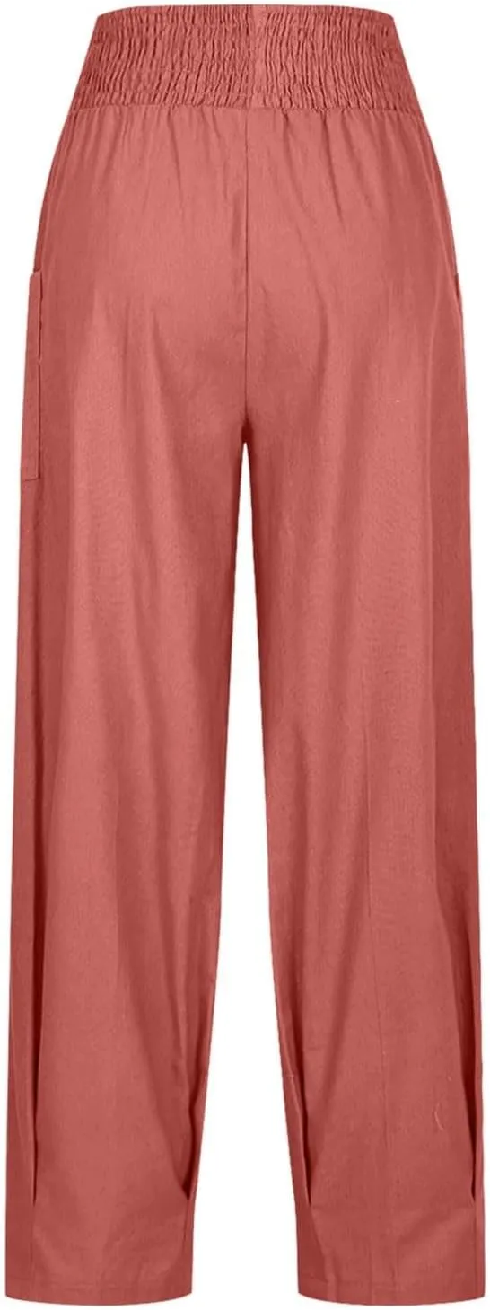 Women's Cotton Linen Bohemian Pants Summer Casual Loose High Waist Harem Pant Beach Vacation Cargo Lounge Trouser