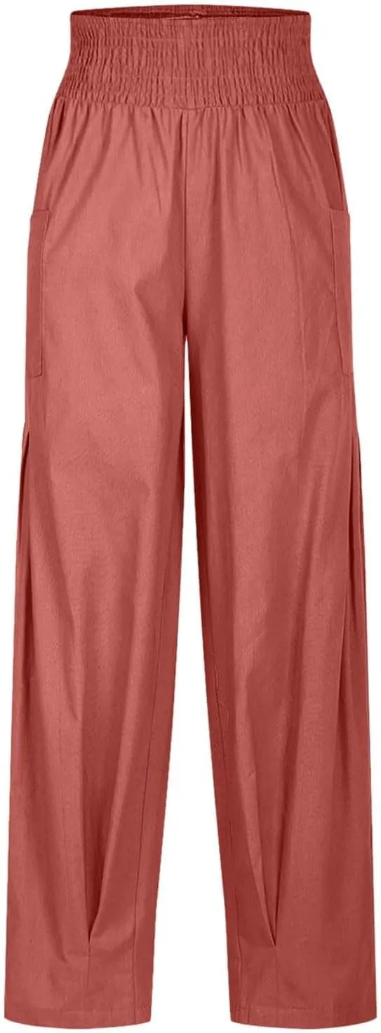 Women's Cotton Linen Bohemian Pants Summer Casual Loose High Waist Harem Pant Beach Vacation Cargo Lounge Trouser