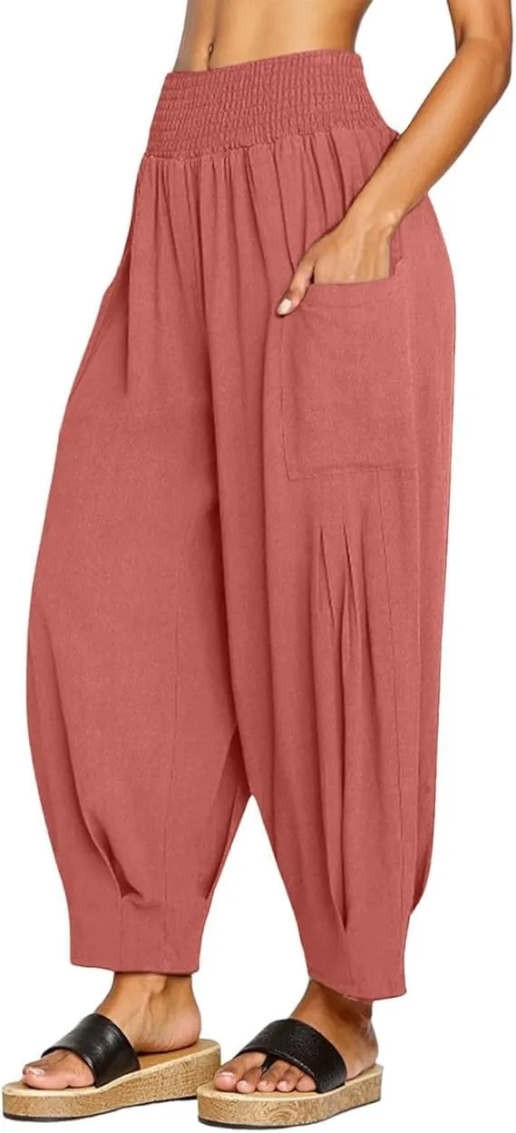 Women's Cotton Linen Bohemian Pants Summer Casual Loose High Waist Harem Pant Beach Vacation Cargo Lounge Trouser