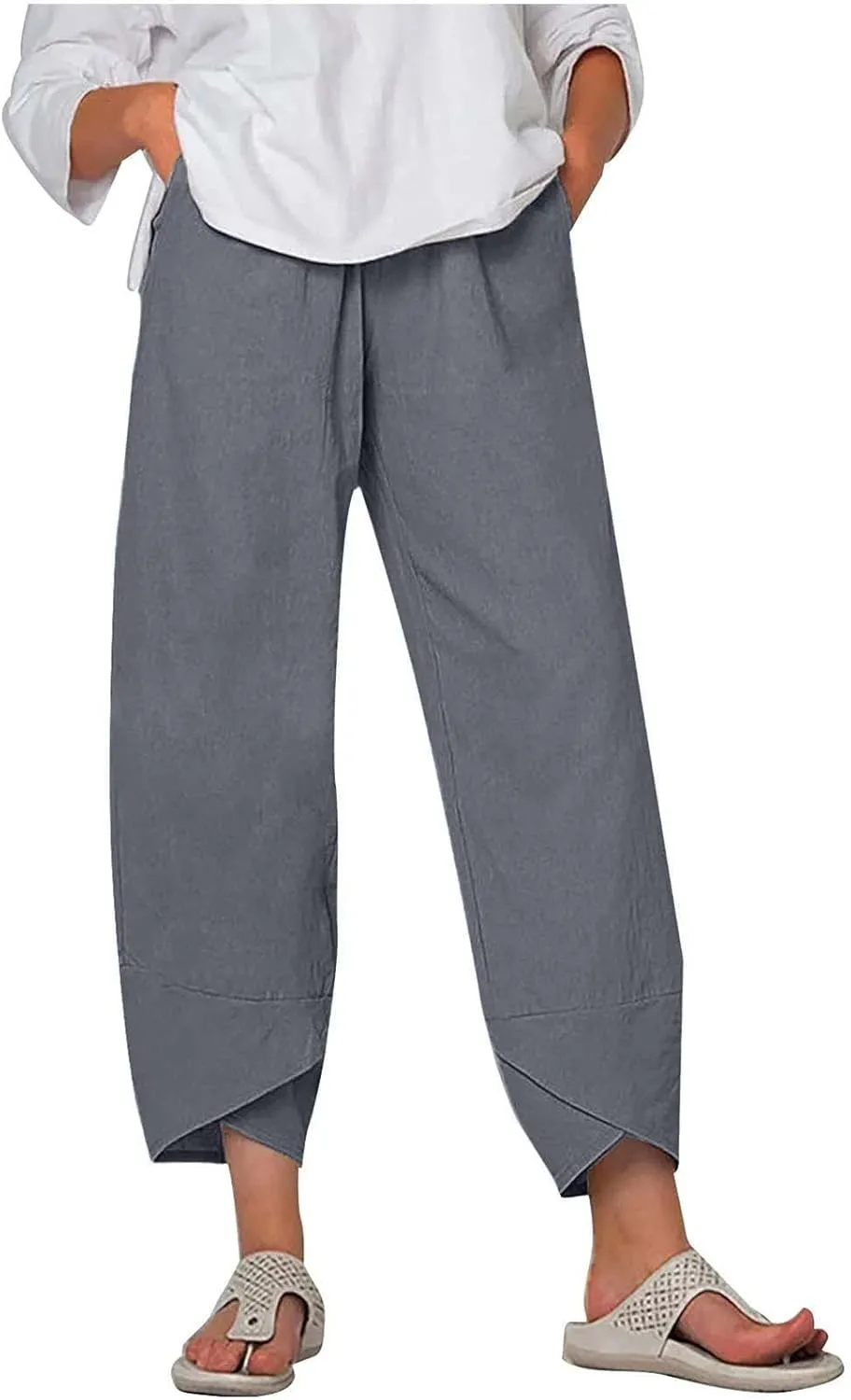 Women's Cotton Linen Capri Pants Soft Casual Loose Fit Workout Sweatpants Trousers with Pockets Summer Lounge Pants