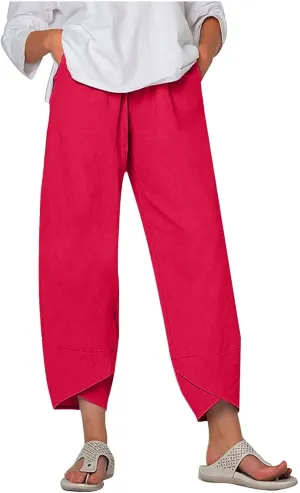 Women's Cotton Linen Capri Pants Soft Casual Loose Fit Workout Sweatpants Trousers with Pockets Summer Lounge Pants