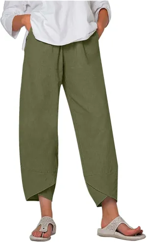 Women's Cotton Linen Capri Pants Soft Casual Loose Fit Workout Sweatpants Trousers with Pockets Summer Lounge Pants