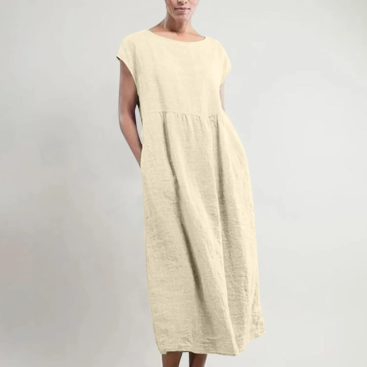 Women's Cotton Linen Dress with Pocket 2025 Plus Size Cap Sleeve Summer Dresses Vacation Crew Neck Casual Dress