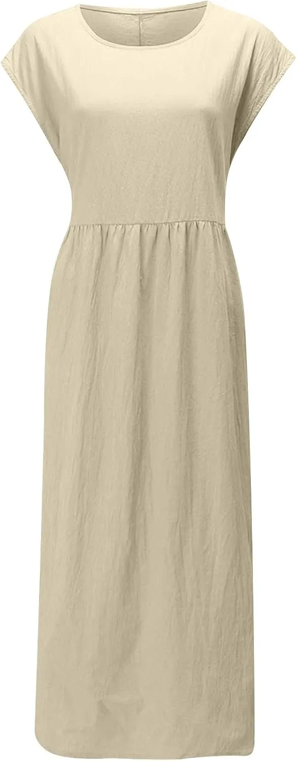 Women's Cotton Linen Dress with Pocket 2025 Plus Size Cap Sleeve Summer Dresses Vacation Crew Neck Casual Dress