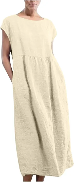 Women's Cotton Linen Dress with Pocket 2025 Plus Size Cap Sleeve Summer Dresses Vacation Crew Neck Casual Dress