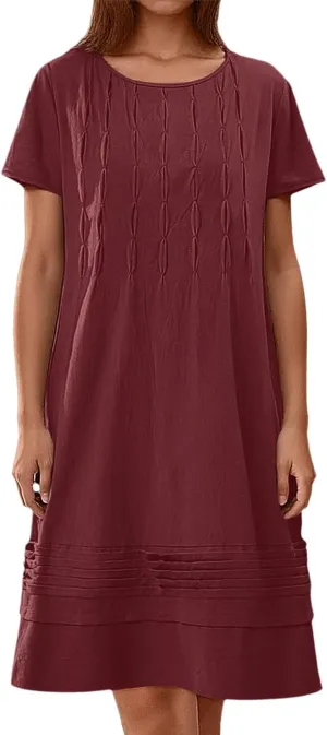 Women's Cotton Linen Midi Dress Plus Size Cap Sleeve Pleated Summer Dresses Vacation 2025 Crew Neck Casual Dress for Women
