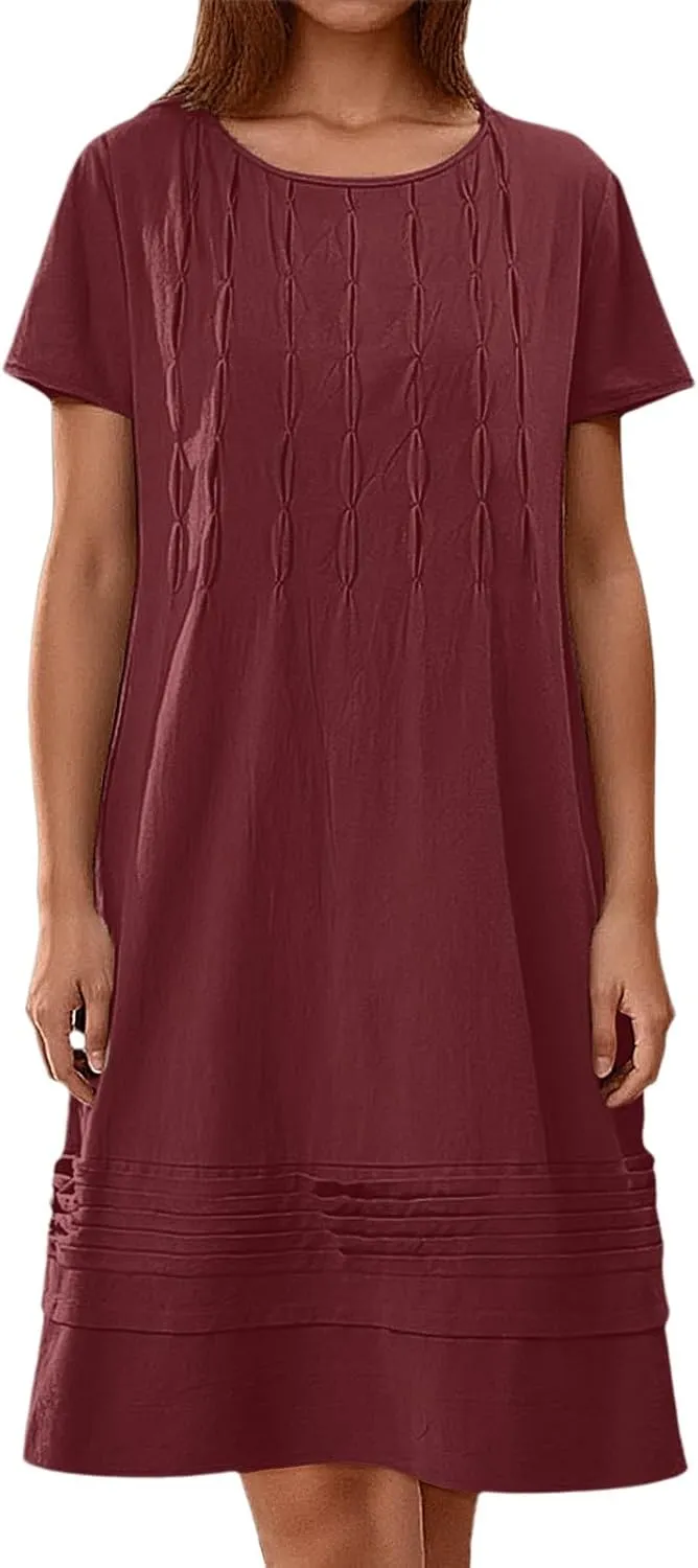 Women's Cotton Linen Midi Dress Plus Size Cap Sleeve Pleated Summer Dresses Vacation 2025 Crew Neck Casual Dress for Women