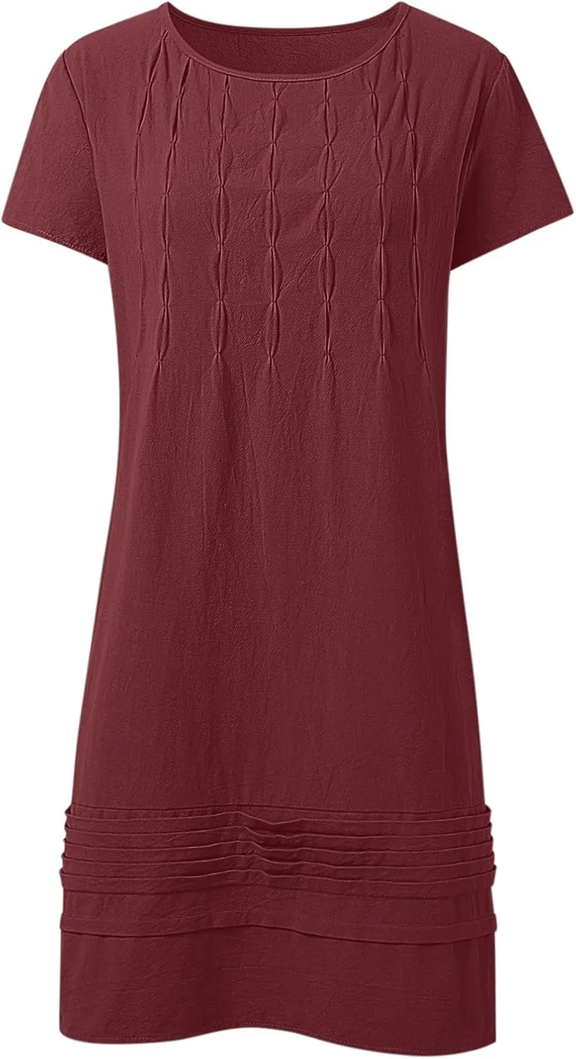 Women's Cotton Linen Midi Dress Plus Size Cap Sleeve Pleated Summer Dresses Vacation 2025 Crew Neck Casual Dress for Women