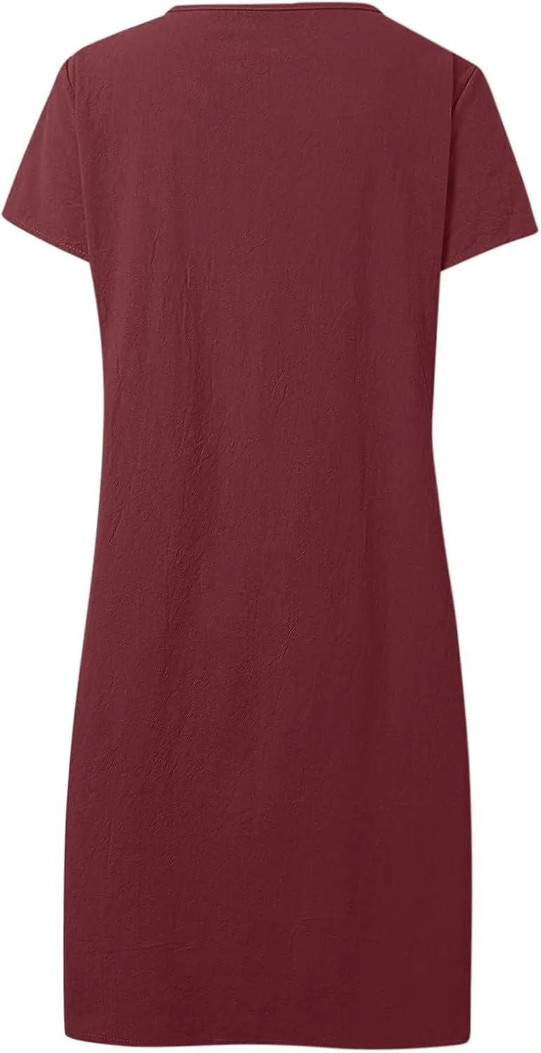 Women's Cotton Linen Midi Dress Plus Size Cap Sleeve Pleated Summer Dresses Vacation 2025 Crew Neck Casual Dress for Women