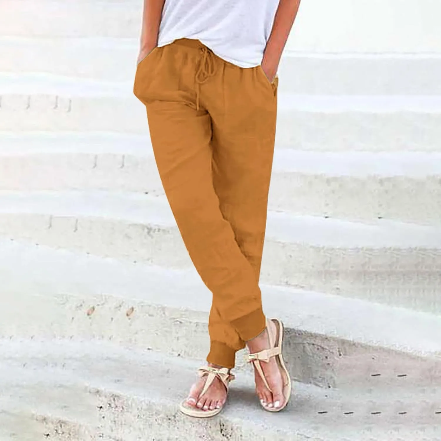 Womens Cotton Linen Pants with Pockets Elastic Waist Drawstring Tapered Pant Casual Trousers Lightweight Summer Pants