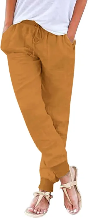 Womens Cotton Linen Pants with Pockets Elastic Waist Drawstring Tapered Pant Casual Trousers Lightweight Summer Pants