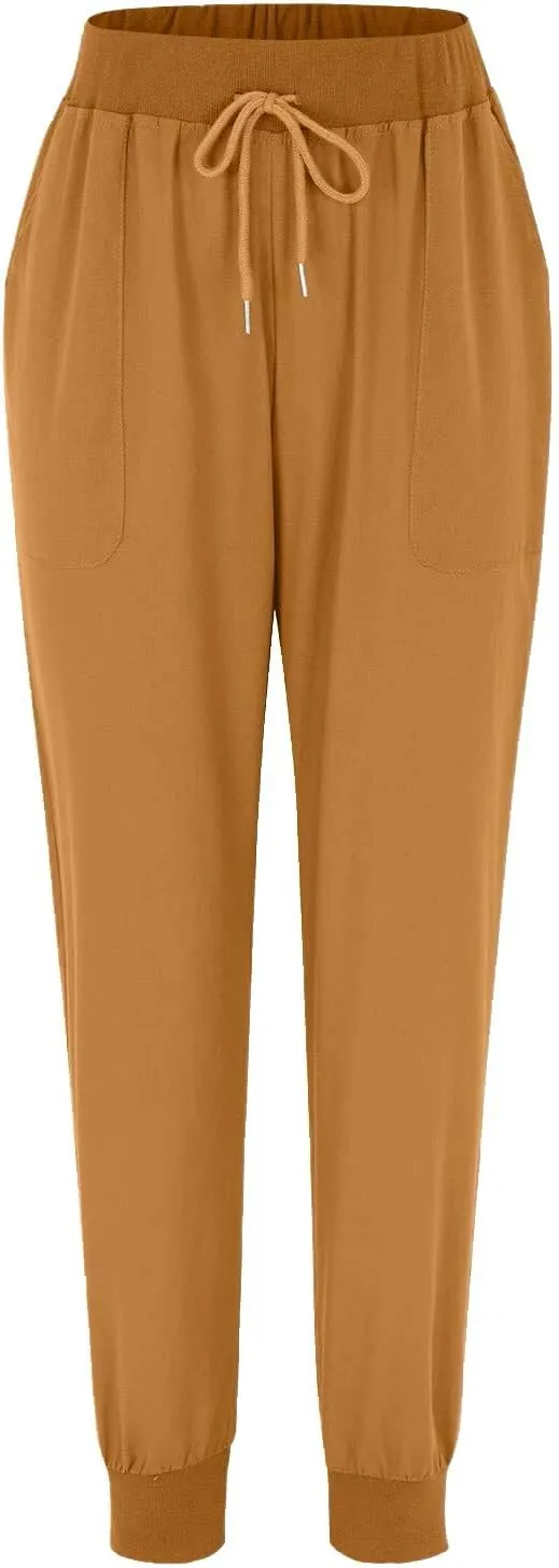 Womens Cotton Linen Pants with Pockets Elastic Waist Drawstring Tapered Pant Casual Trousers Lightweight Summer Pants