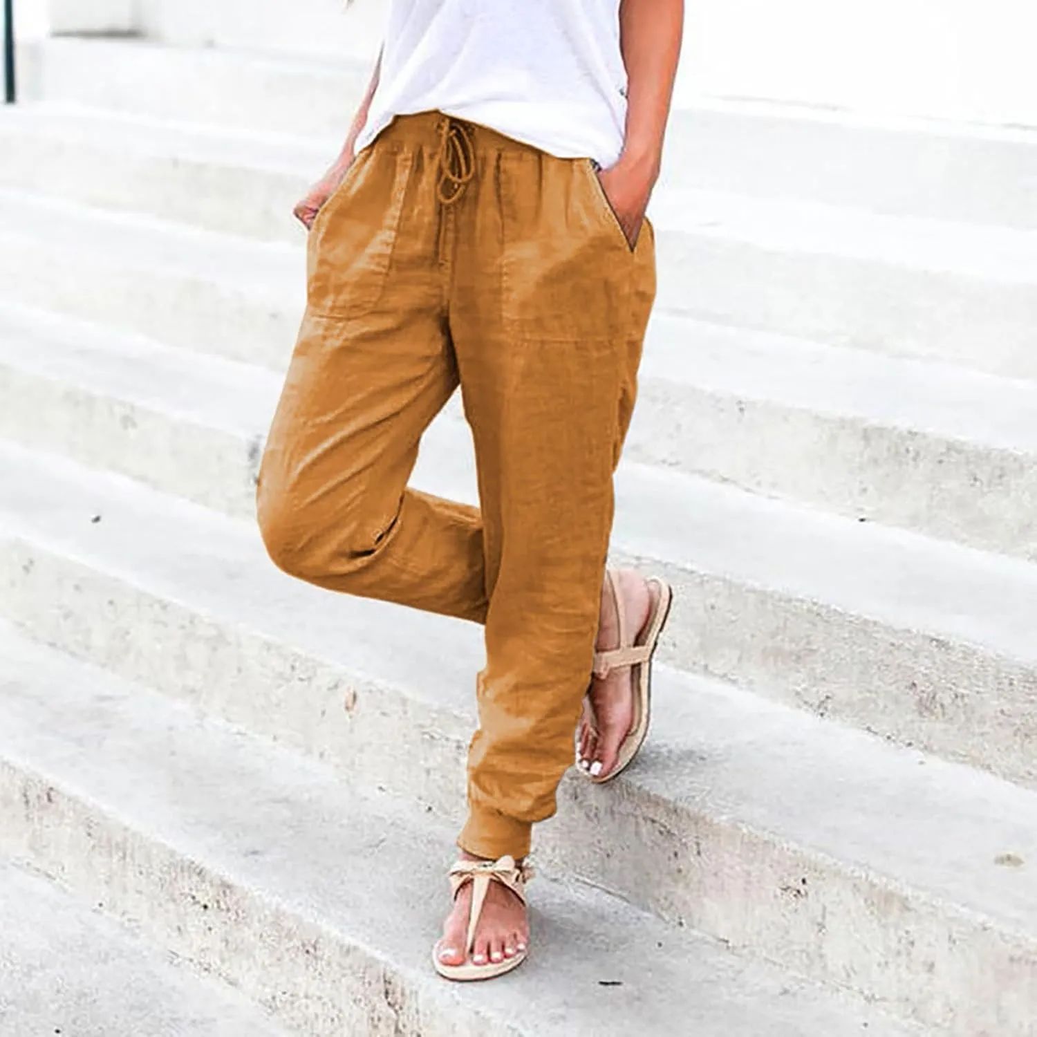 Womens Cotton Linen Pants with Pockets Elastic Waist Drawstring Tapered Pant Casual Trousers Lightweight Summer Pants
