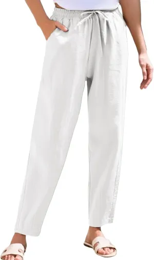 Womens Cotton Linen Straight Leg Pants Elastic Waist Drawstring Casual Trousers with Pockets Summer Beach Lounge Pant