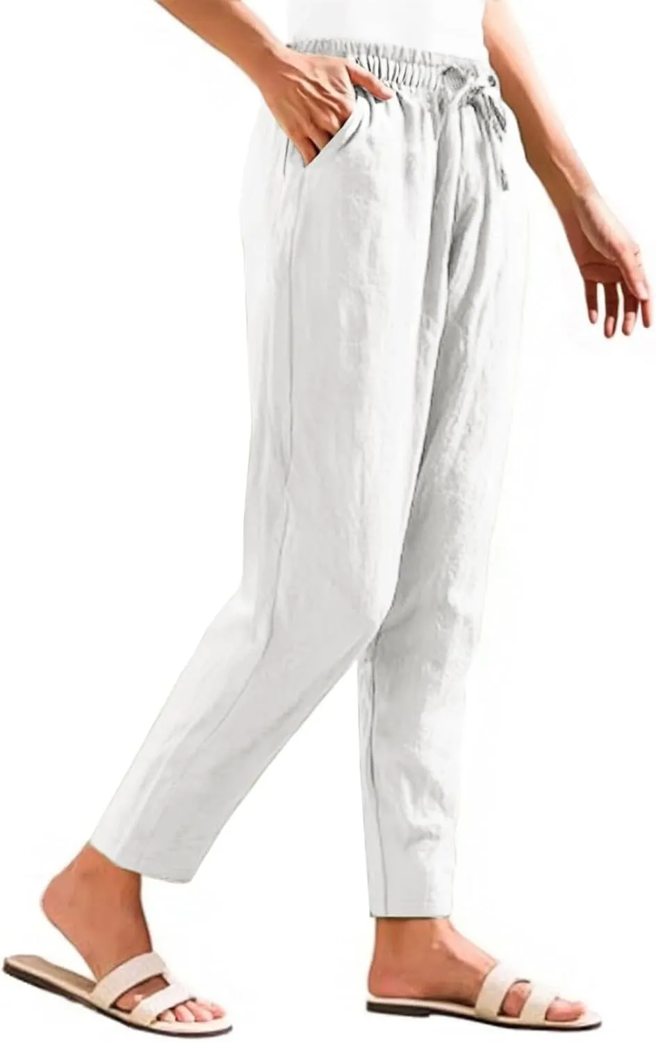 Womens Cotton Linen Straight Leg Pants Elastic Waist Drawstring Casual Trousers with Pockets Summer Beach Lounge Pant