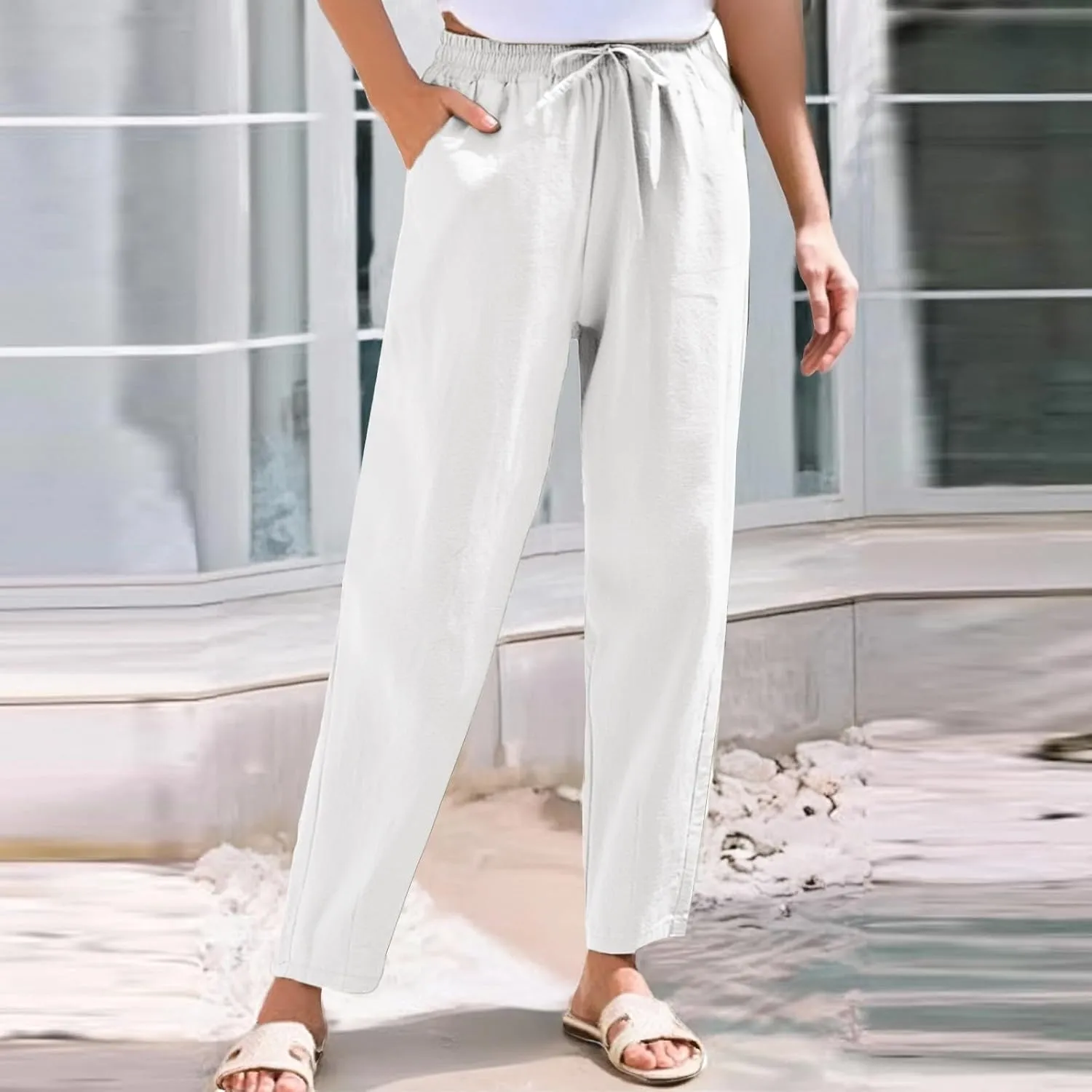 Womens Cotton Linen Straight Leg Pants Elastic Waist Drawstring Casual Trousers with Pockets Summer Beach Lounge Pant