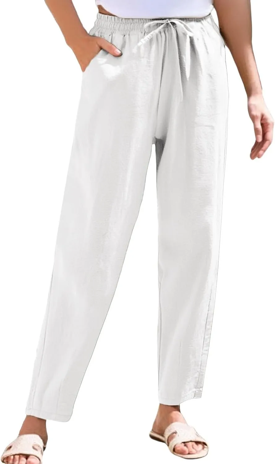 Womens Cotton Linen Straight Leg Pants Elastic Waist Drawstring Casual Trousers with Pockets Summer Beach Lounge Pant