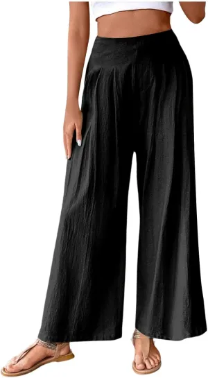Women's Cotton Linen Summer Cropped Palazzo Pants Elastic Waisted Straight Plus Size Trouser Work Business