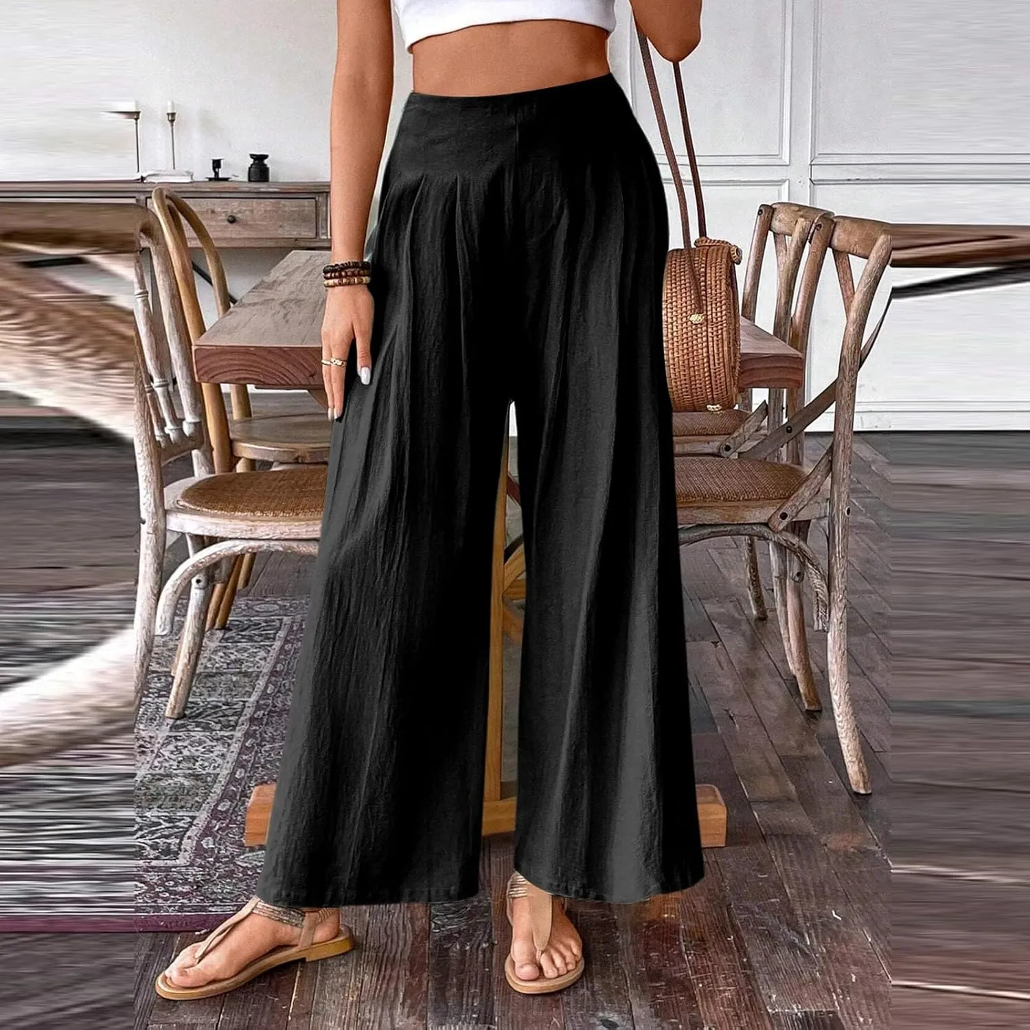 Women's Cotton Linen Summer Cropped Palazzo Pants Elastic Waisted Straight Plus Size Trouser Work Business