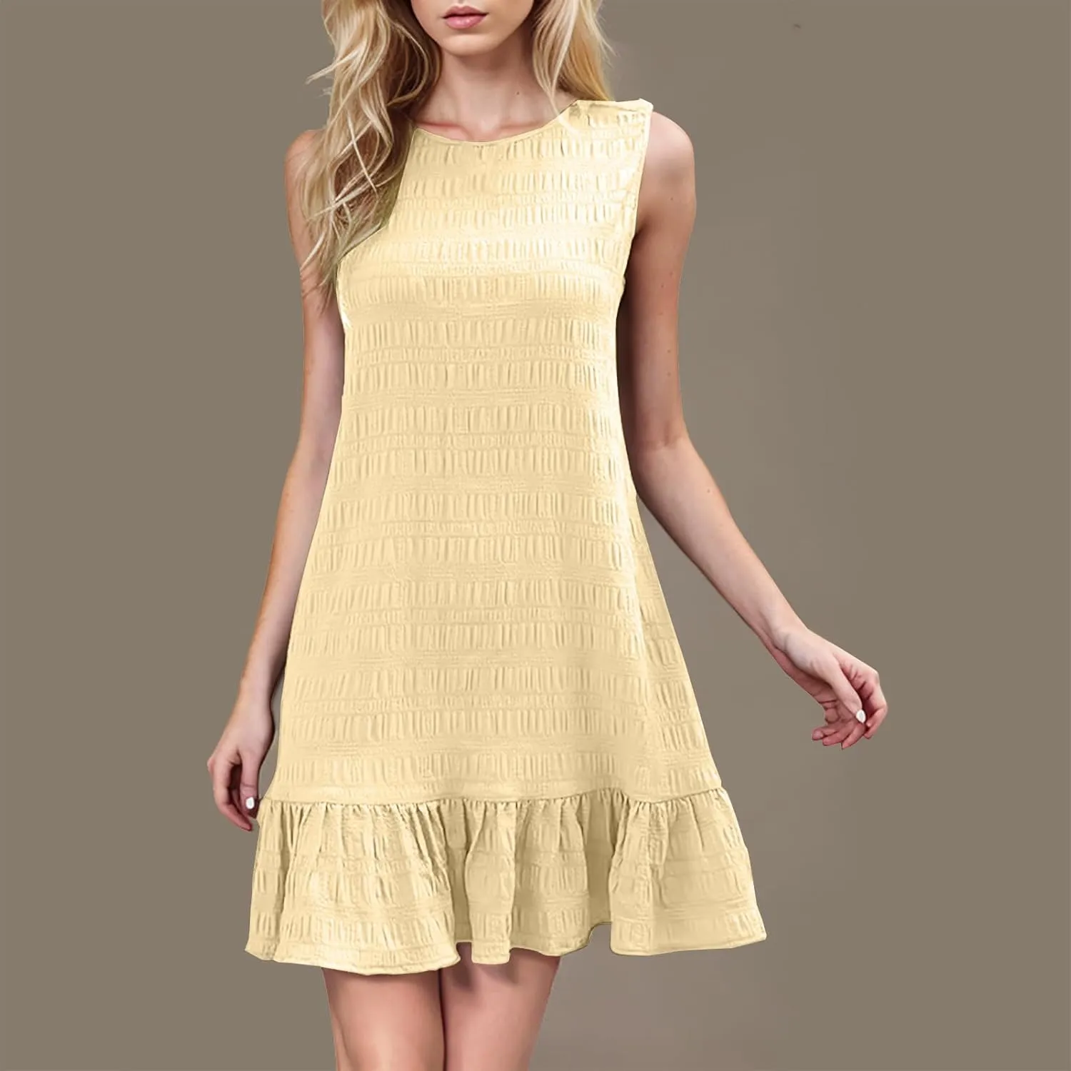 Women's Crinkle Ruffle Hem Tank Dress Round Neck Sleeveless Casual Smocked Dresses Summer Mini Sundress