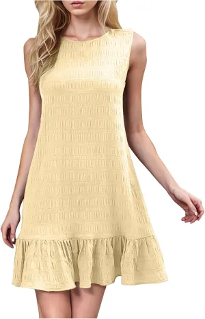 Women's Crinkle Ruffle Hem Tank Dress Round Neck Sleeveless Casual Smocked Dresses Summer Mini Sundress