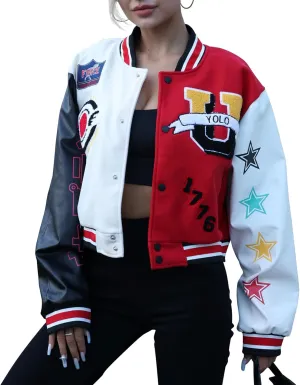 Women's Cropped Casual Jacket Colorblock Varsity Jacket Y2K Baseball Bomber Vintage Streetwear Patched Outerwear