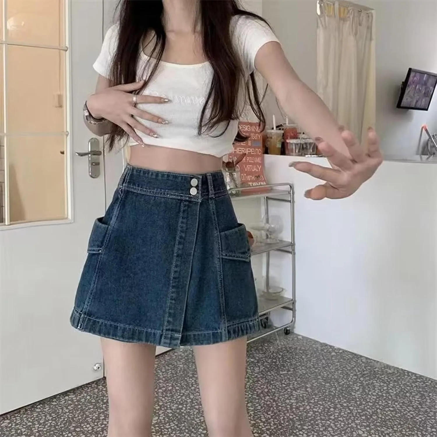 Women's Denim Skirt 2024 Summer Trendy A-Line Button Y2K Mini Casual Denim Skirt Cute Loose Vacation Jean Shorts for Women