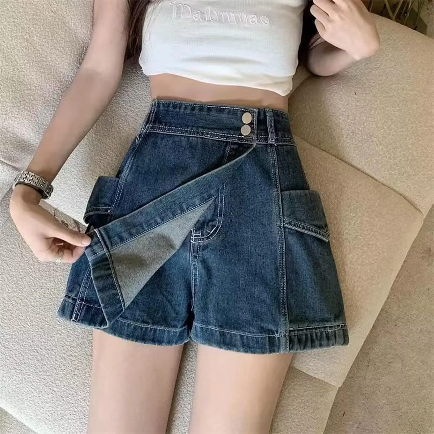 Women's Denim Skirt 2024 Summer Trendy A-Line Button Y2K Mini Casual Denim Skirt Cute Loose Vacation Jean Shorts for Women