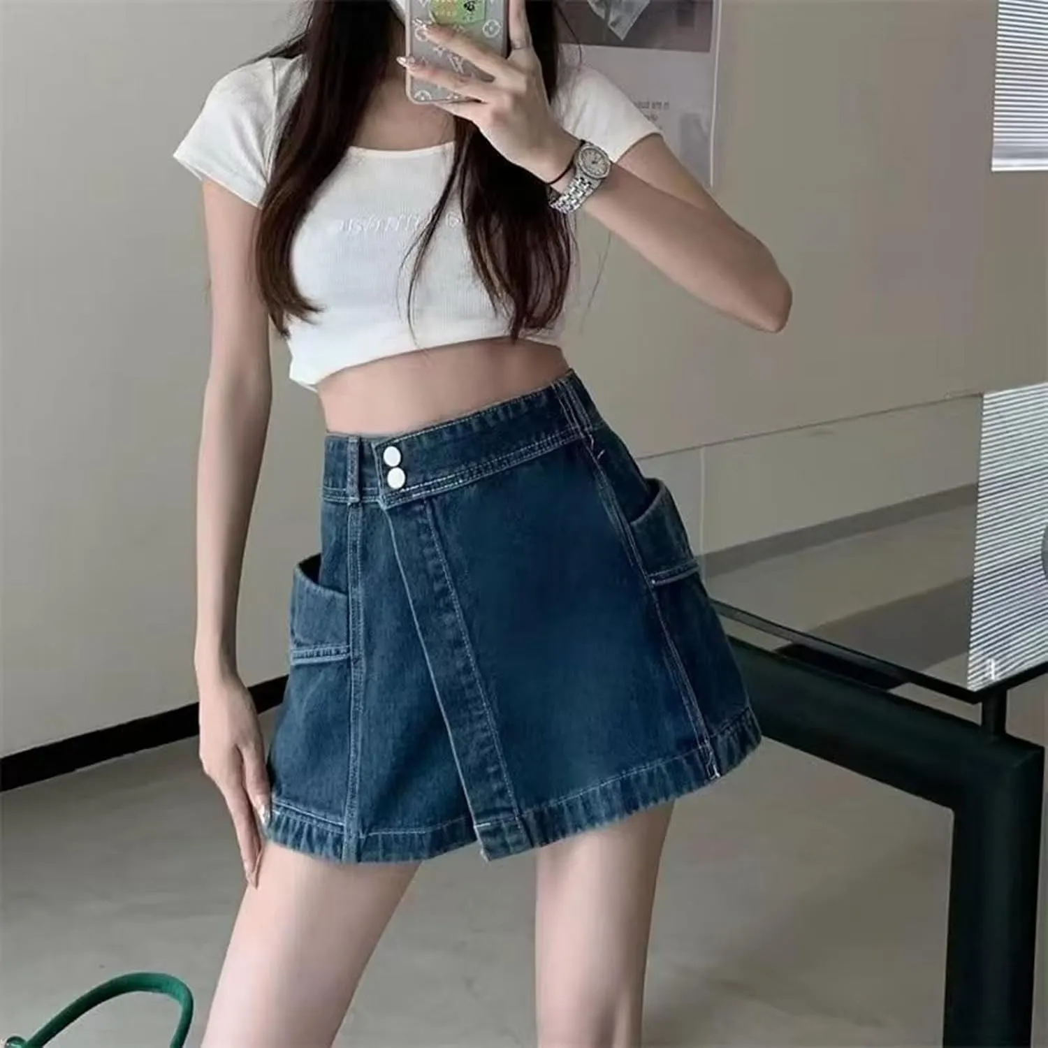 Women's Denim Skirt 2024 Summer Trendy A-Line Button Y2K Mini Casual Denim Skirt Cute Loose Vacation Jean Shorts for Women