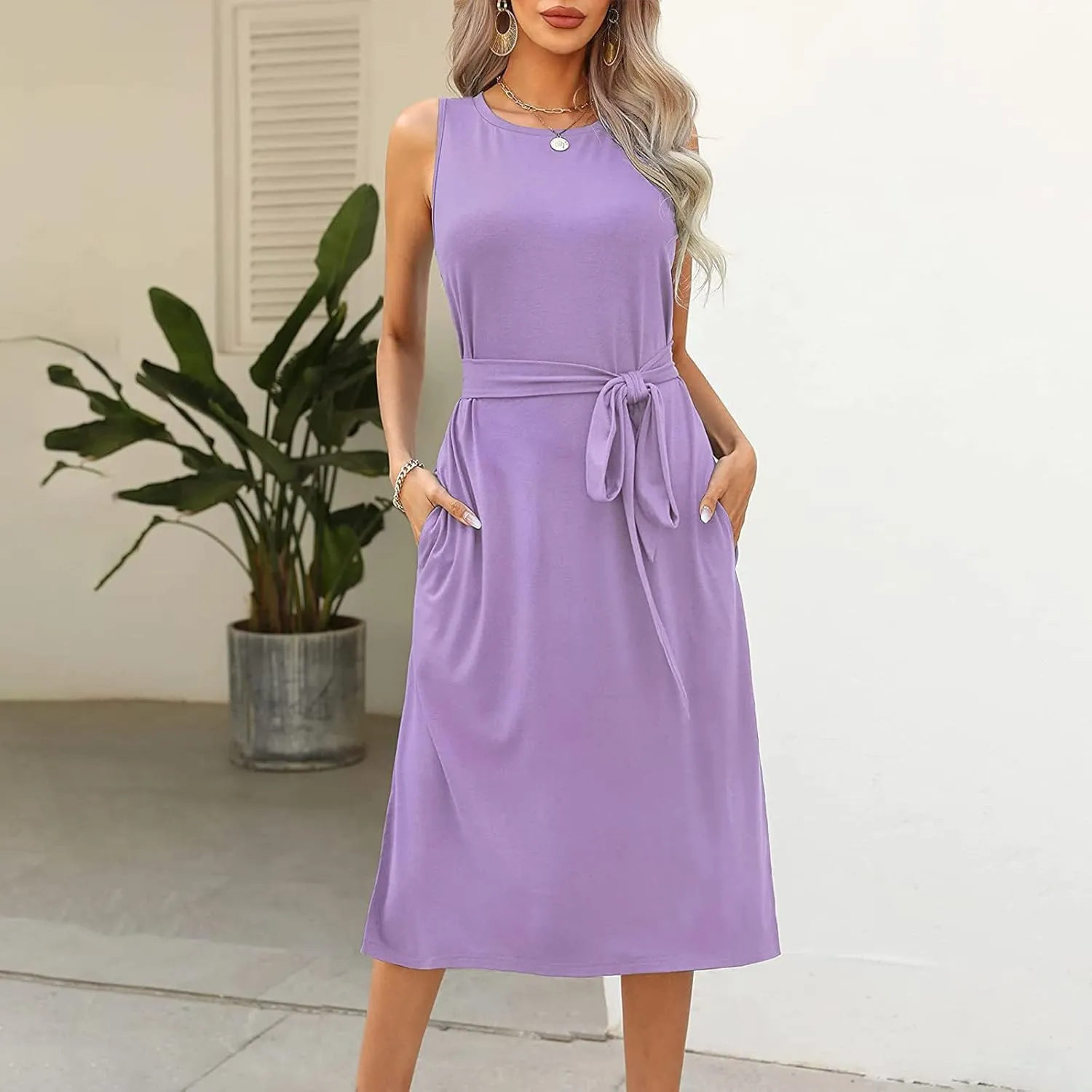 Womens Dress Sleeveless Round Neck Backless Midi Skirt Casual Pleated Belt with Pockets Dresses Working Vacation