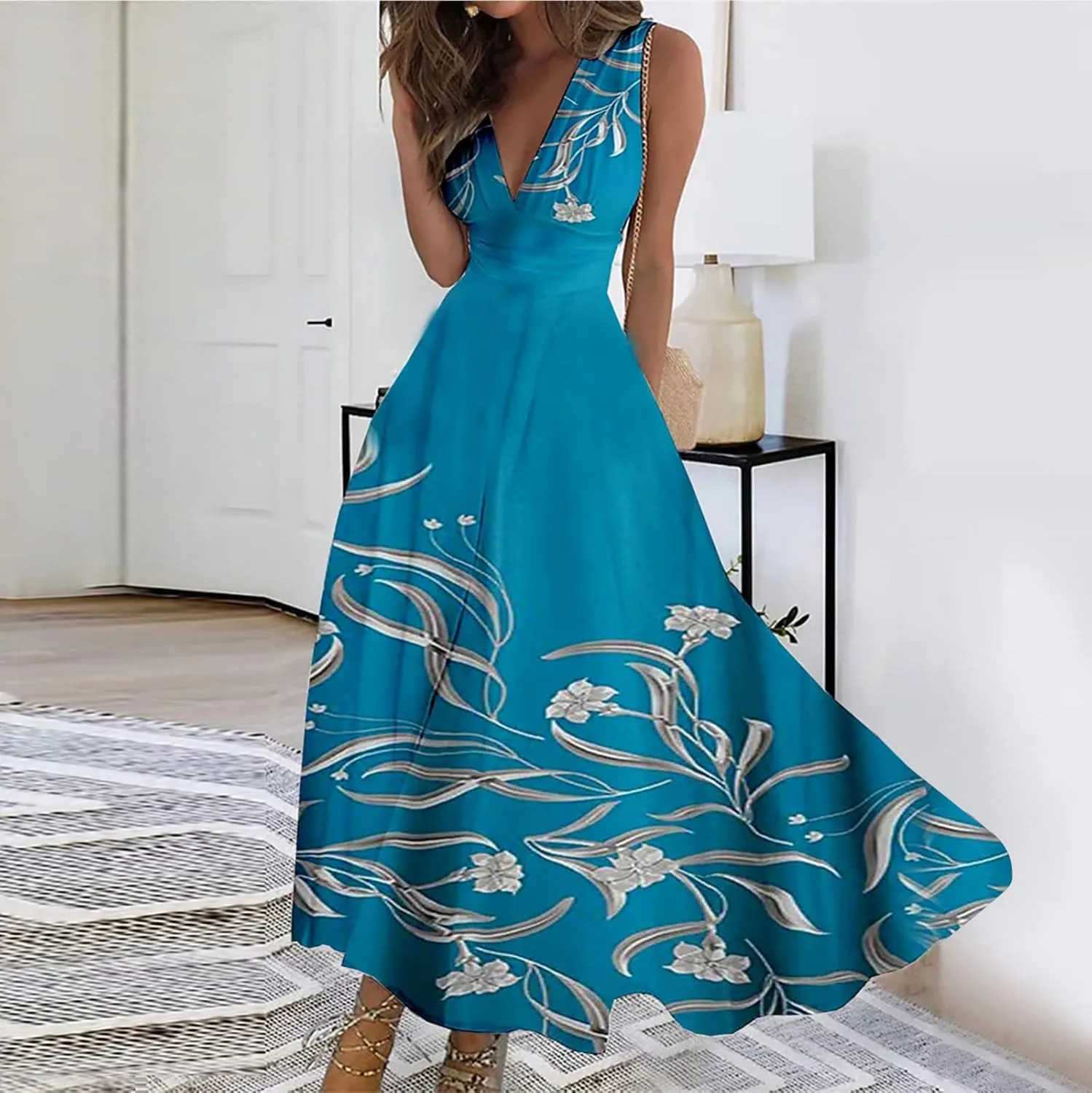 Womens Dresses Flowy Ruched Floral Print Boho Dress Wrap V Neck Sleeveless Sundress Elegant Beach Dresses