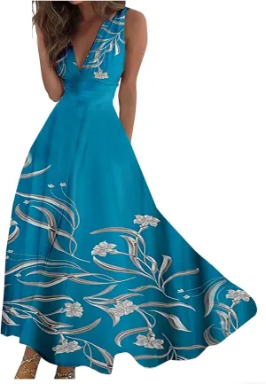 Womens Dresses Flowy Ruched Floral Print Boho Dress Wrap V Neck Sleeveless Sundress Elegant Beach Dresses