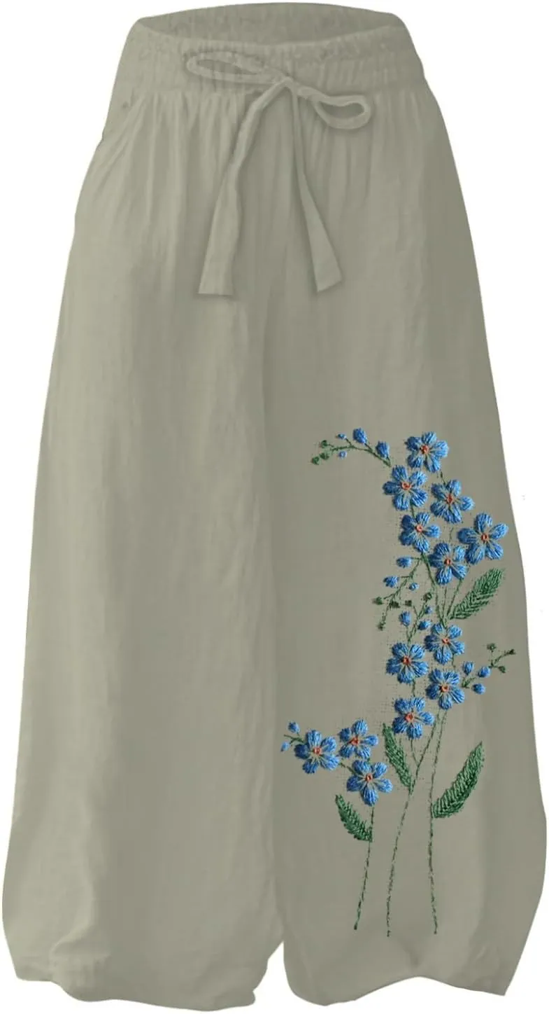 Womens Embroidery Flora Print Palazzo Pants Summer Baggy Elastic Waist Flowy Hippie Boho Wide Leg Lounge Trousers