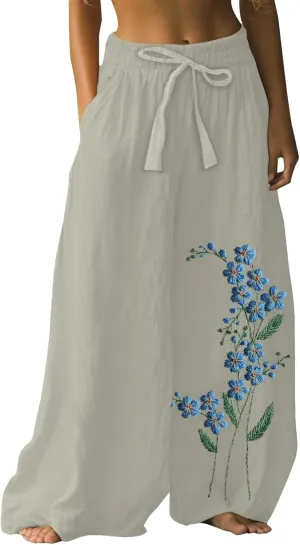 Womens Embroidery Flora Print Palazzo Pants Summer Baggy Elastic Waist Flowy Hippie Boho Wide Leg Lounge Trousers