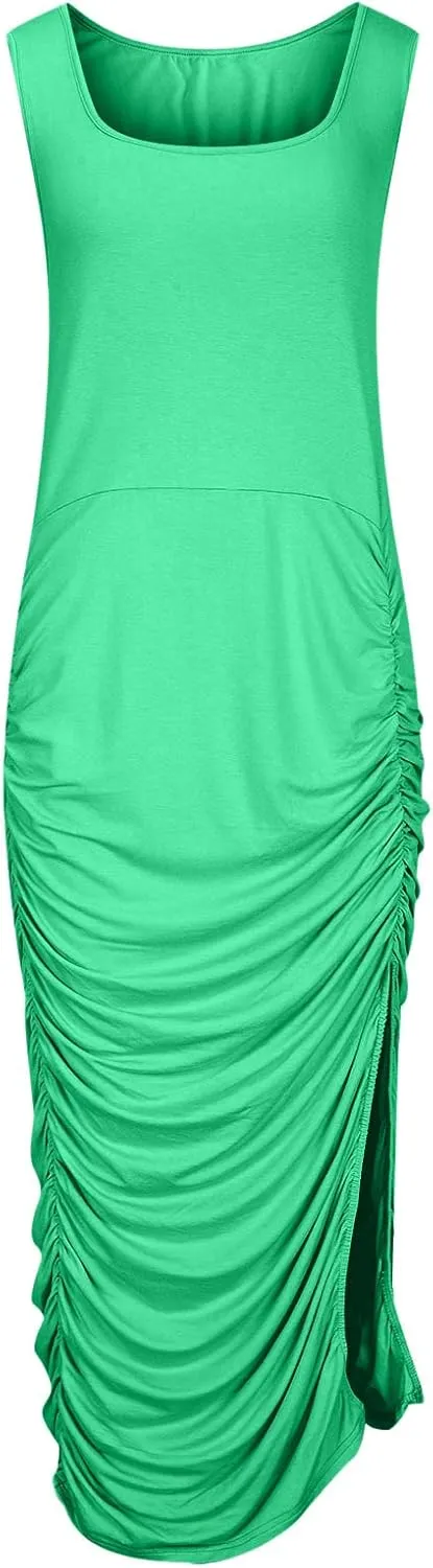 Womens Fashion Dress Plus Size Solid Color U Neck Sleeveless Midi Skirt Ruffle Pleated Split Dresses Vacation Party